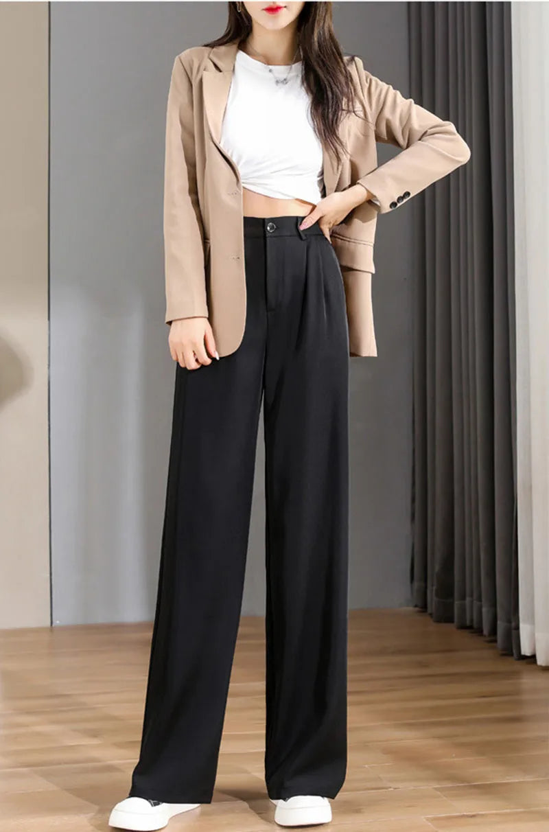 Women Chic Office Wear Straight Pants Vintage High Ladies Trousers Baggy Korean 2024 Spring/Summer/Autumn Wide Leg Female