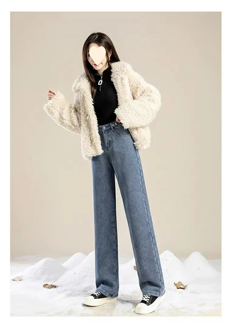 Thickened Fleece-Lined Warm Straight-Leg Jeans Design Adjustable High-Waisted Slimming Bell Bottoms Winter New Arrival