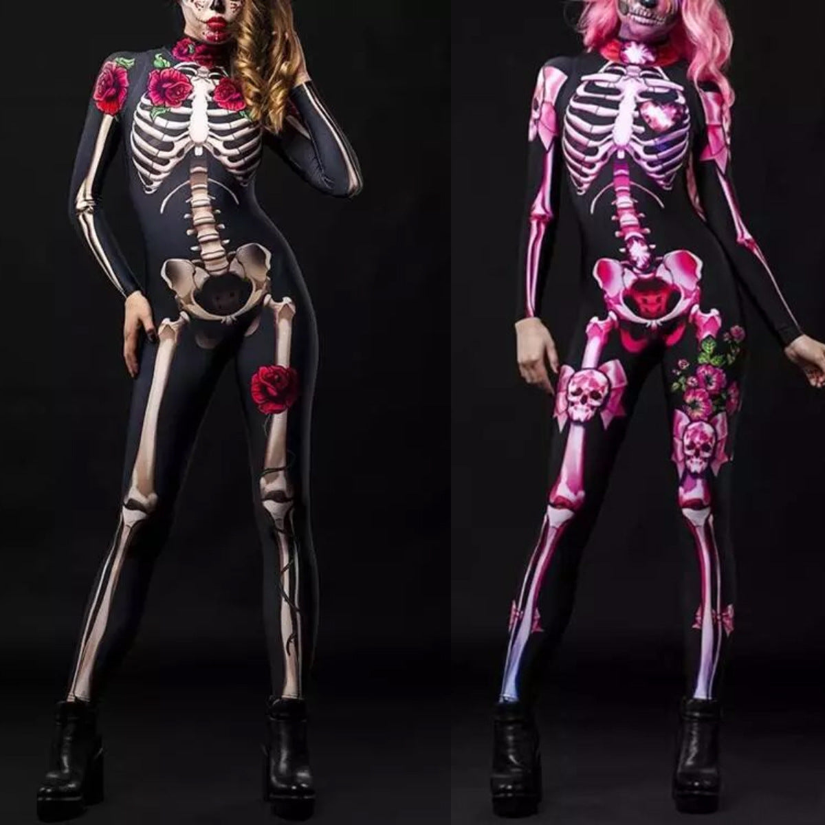 Women Cosplay Skeleton Rose Sexy Bodysuit Halloween Devil Ghost Specter Jumpsuit Romper Party Carnival Performance Scary Costume - Seprincess