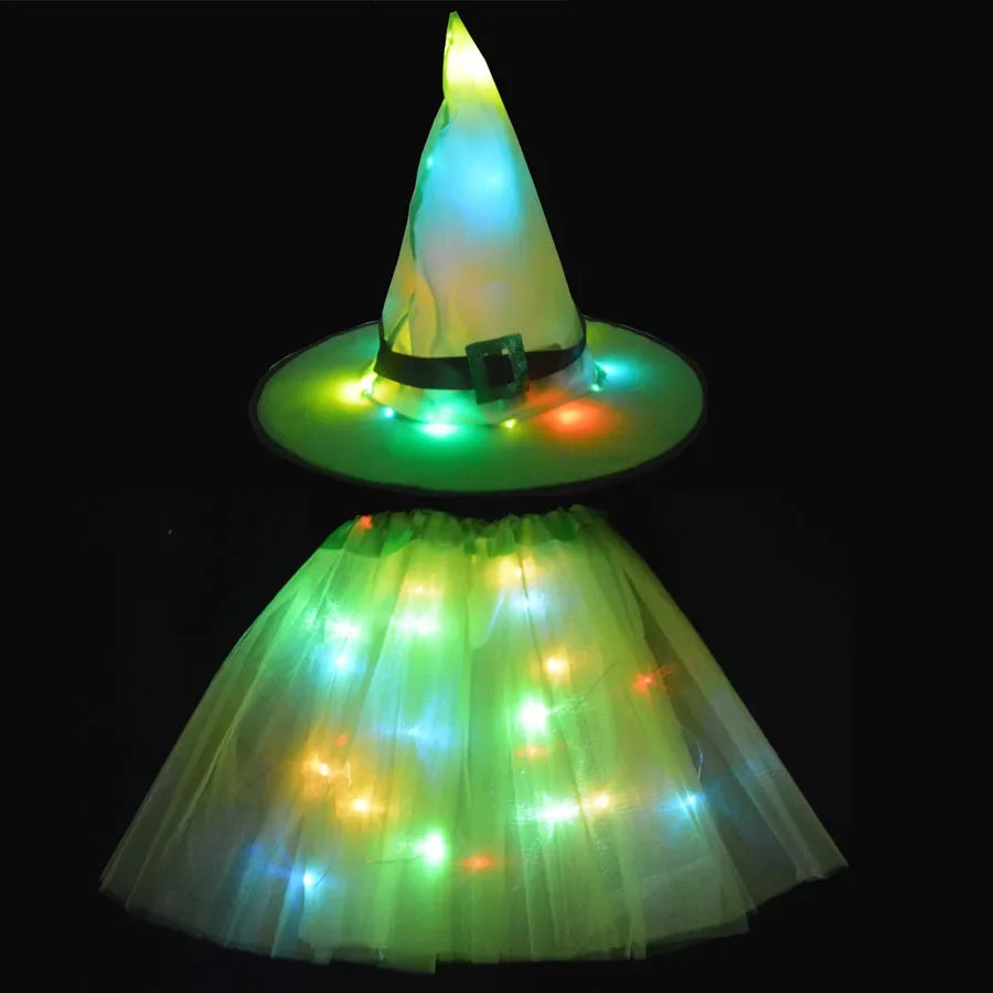 Women Kids Girl Luminous LED Glow Light Up Elf Witch Hat Star Skirt Spider Web Tutu Wizard Costume Party Gift Halloween Festival - Seprincess