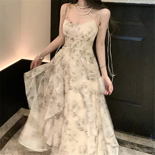 Vintage Shivering Print Dress for Women Sling Sleeveless Slim Flounce Chiffon Casual Korean Long Dresses Female Clothing Summer - Seprincess