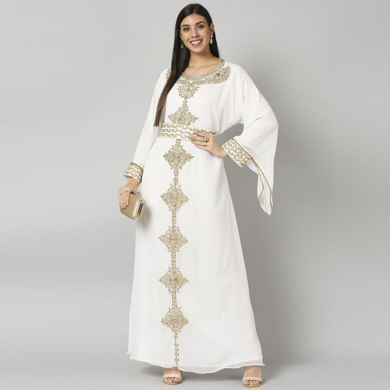 Off-White Morrocan Dubai Kaftans Ramadan Abaya Fara Maxi Gown Dress Fashion Trends - Seprincess