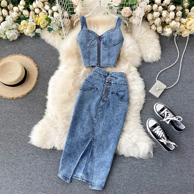 Denim Skirt Set Women Sexy Camisole Tops + High Waist Denim Pencil Skirt 2Pcs Suit Fashion Female Summer Slim Bodycon Suits - Seprincess