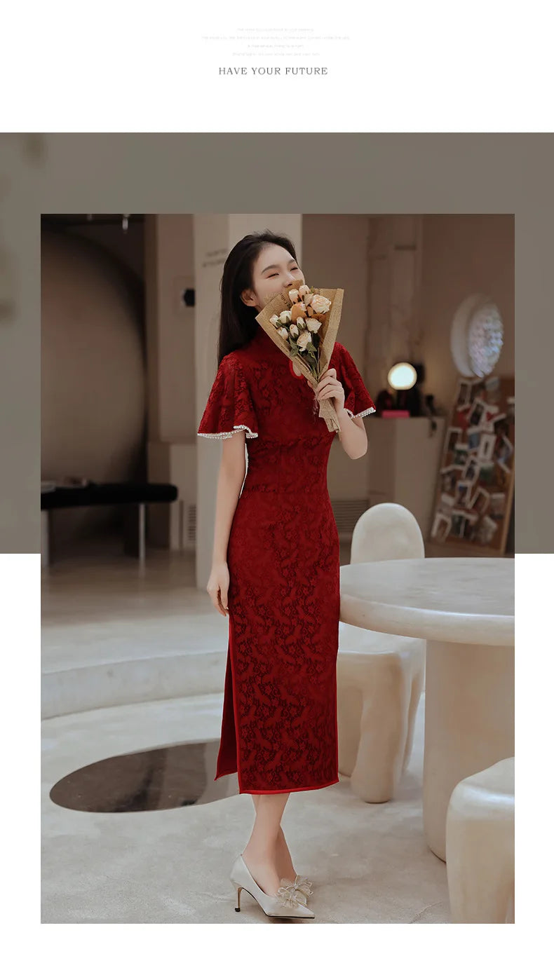 Red Cheongsam Chinese Women Lace Qipao Long Quipao Chinese Traditional Clostume Wedding Party Evening Dress Clothes - Seprincess