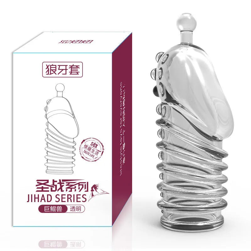 Crystal 3D Reusable G-spot Condom for Man Wolf Teeth Stick with Thorns Penis Sleeves Spiked Sex Toys for Couple Adult Sex Shop - Seprincess