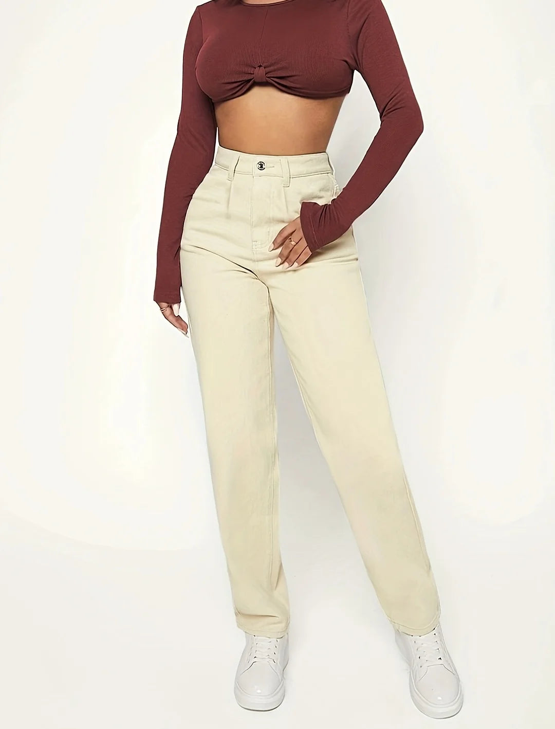 Apricot High Waist Mom Jeans, Patch Pockets High Rise Loose Fit Straight Jeans, Women's Denim Jeans & Clothing