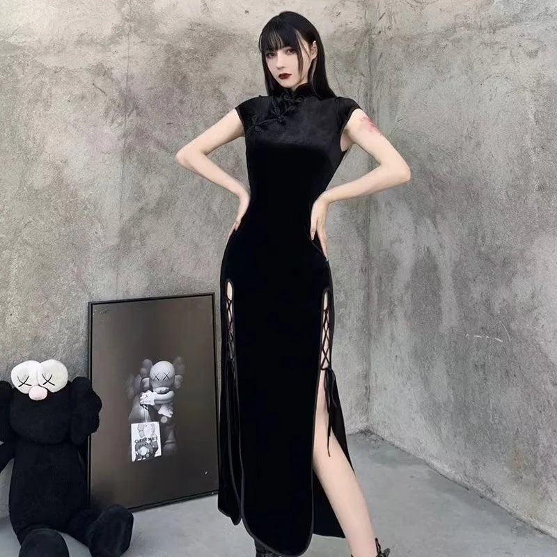 Vintage Black Gothic  Bandage Dress Sexy Cheongsam High Split Velvet Dress Spring Retro Long Qipao Women Aesthetic Dresses - Seprincess