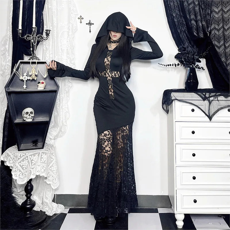 Goth Dark Elegant Fashion Women Hooded Dress Mall Gothic Cross Hollow Out Lace Spliced Partywear Acubi Sexy Bodycon Dresses Slim - Seprincess