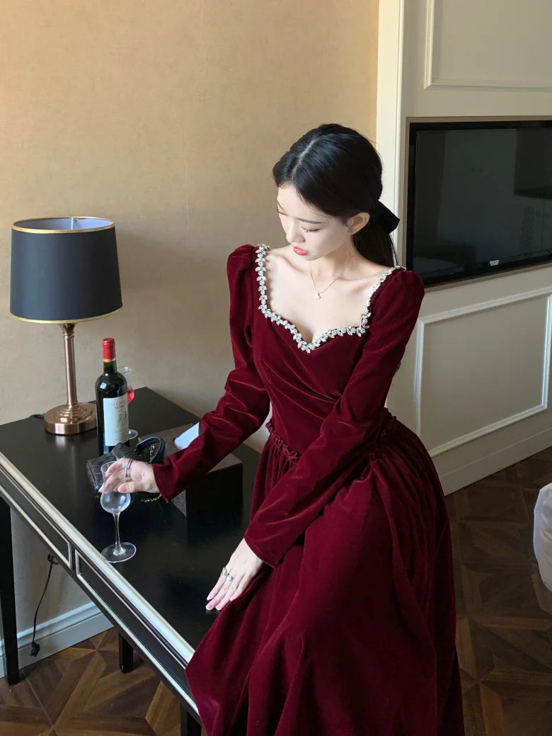 Vintage Evening Party Velvet Dresses for Woman Elegant Fashion Wedding Birthday Prom Long Sleeves Female Clothing Black Robe - Seprincess