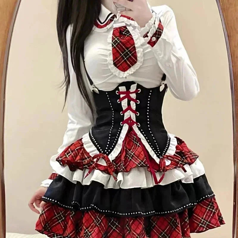 Plaid Patchwork Design Y2k Lolita Dress Sets Halloween Uniform Kawaii Mini Skirt Cosplay Anime Three Pieces Suit For Women - Seprincess