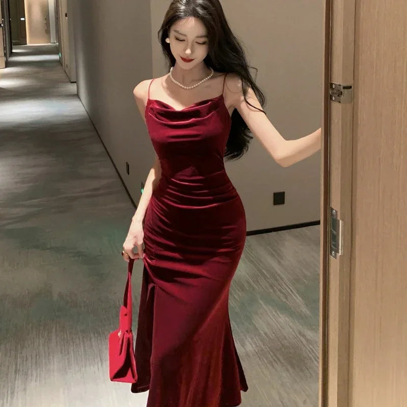 Vintage Sexy Club Prom Red Dresses for Women Spaghetti Strap Slit Velvet Dress Beach Bandage Bodycon Midi Dress Party Elegant - Seprincess