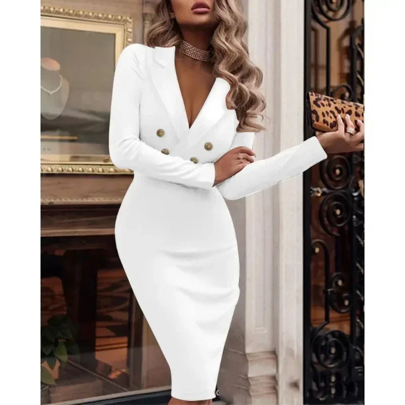 Spring Summer 2024 New Business Suit and Dress Women Solid V-neck Double Breasted Dress Women Long Sleeve Slim Fit Elegant Dress - Seprincess