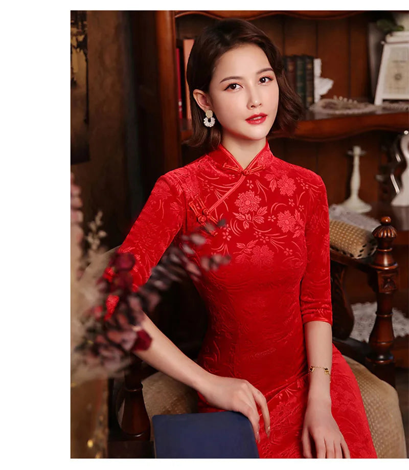 Red 3/4 Sleeve Long Cheongsam Velvet Slim Mother Dress Elegant Traditional Evening Dresses Qipao - Seprincess