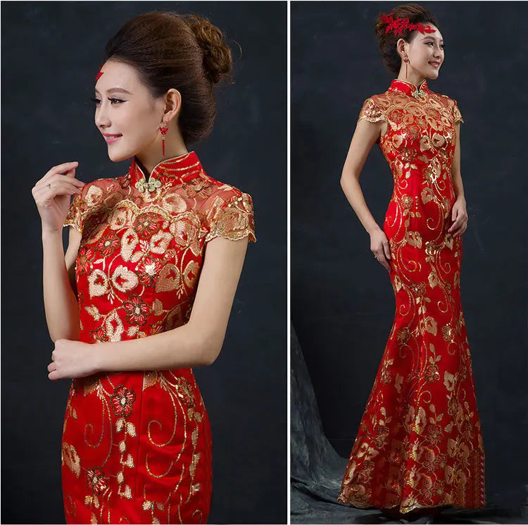 Red Chinese Wedding Dress Female Long Short Sleeve Cheongsam Gold Slim Chinese Traditional Dress Women Qipao for Wedding Party - Seprincess