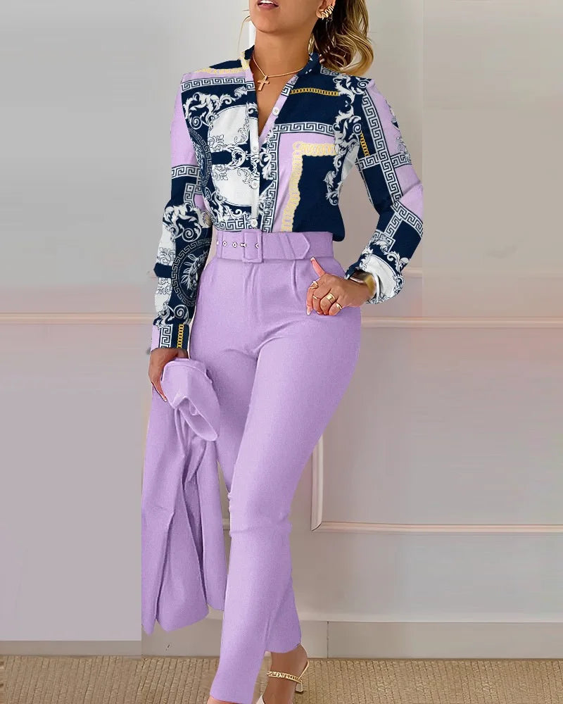 Elegant Women Printed Two Piece Suit Sets Spring Autumn V Neck Long Sleeve Shirt Top & Long Pants Set With Belt Workwear Outfits