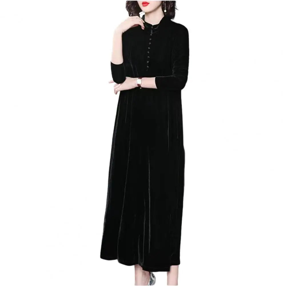 Spring Autumn Women Dress Solid Color Long Sleeves Button Female Maxi Dress Keep Warm Velvet O Neck Mid-calf Length Lady Dress - Seprincess