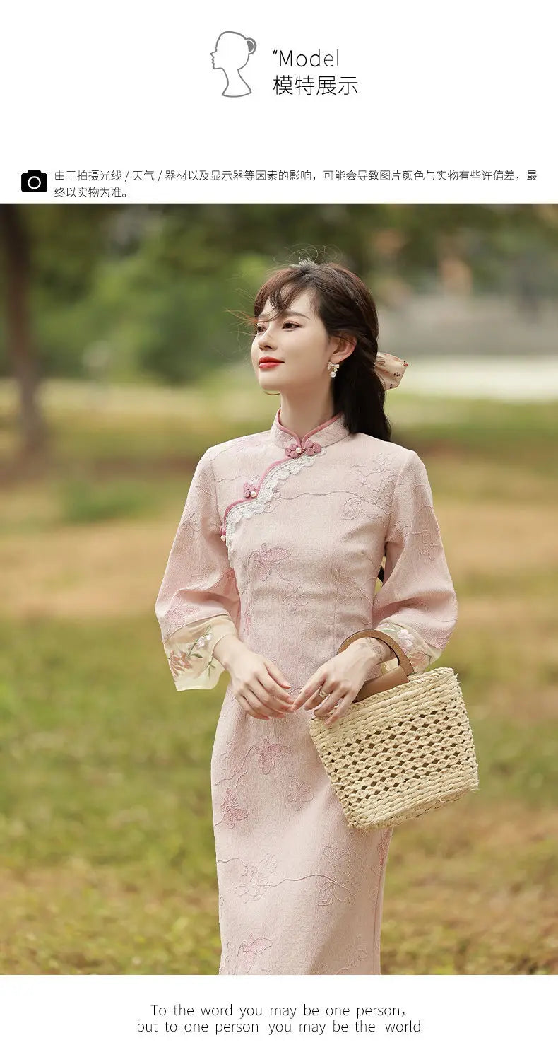 2023 New Pink Cheongsam Embroidery Lace Women Dress Vintage Long Improved Sleeve Chinese Traditional Qipao S To XXL - Seprincess