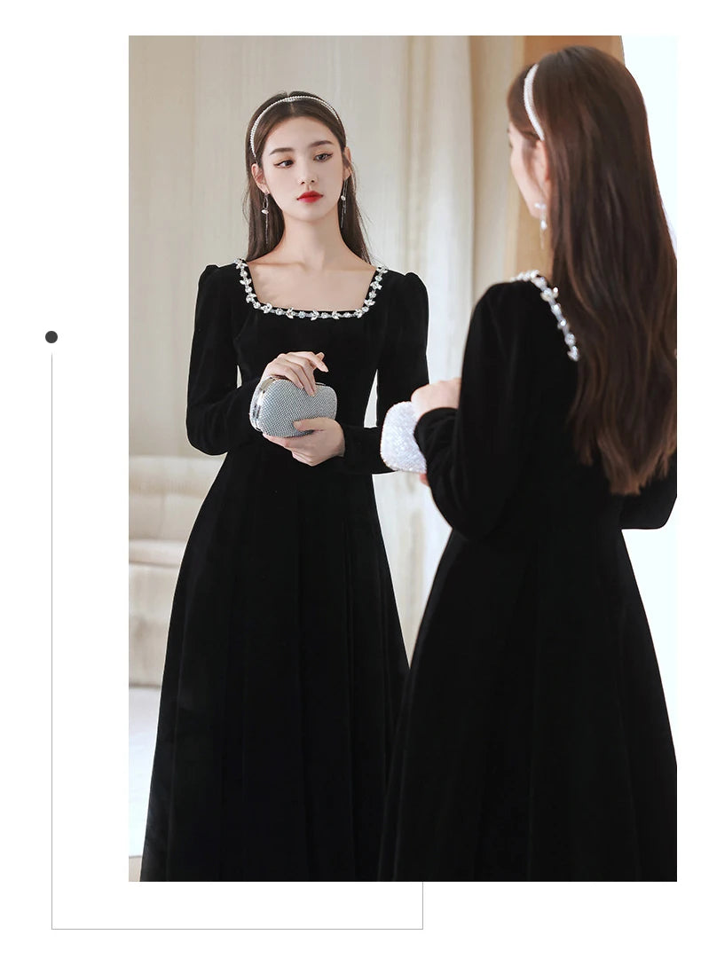 Black Evening Dresses Long Sleeve Square Collar Elegant Velvet Dress Beading Crystal Formal Gowns 2023 New Vestido - Seprincess