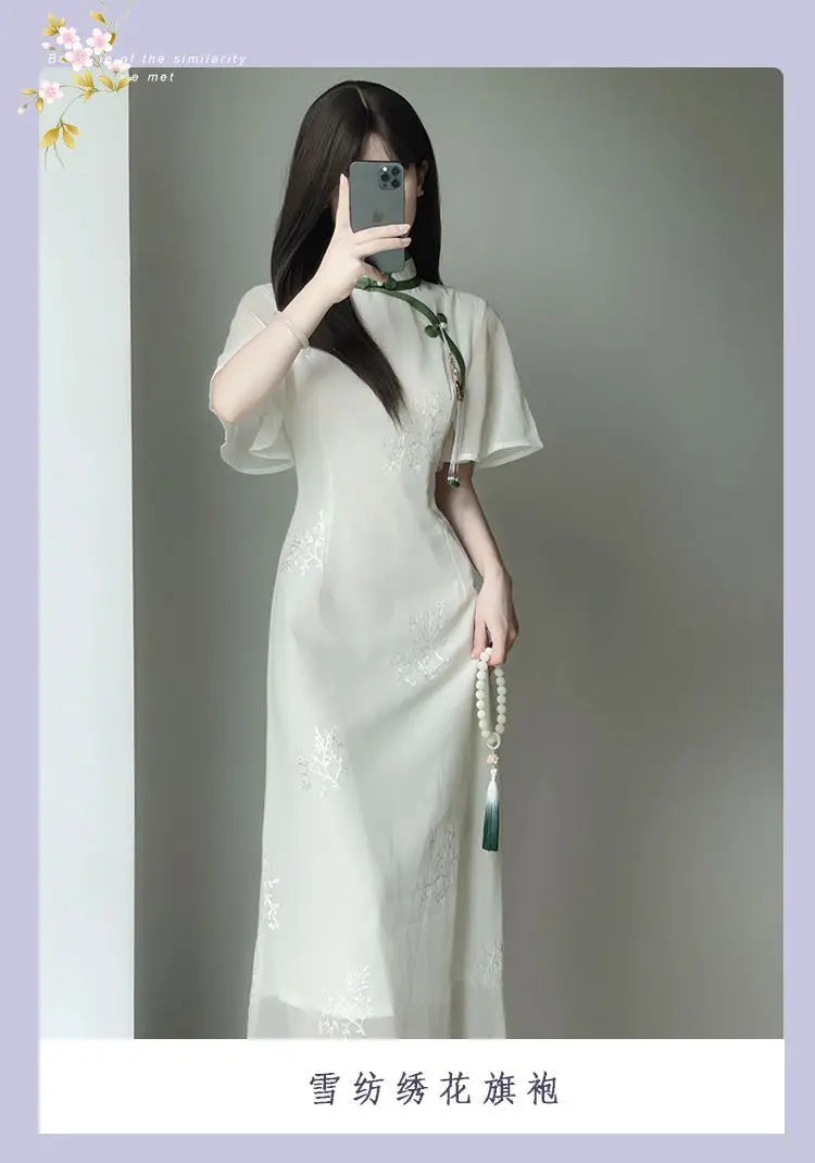 Women White Chiffon Embroidered Inverted Long Sleeve Qipao 2023 Summer New Cheongsam Chinese Style Girl Wen Wan Lady Dress - Seprincess