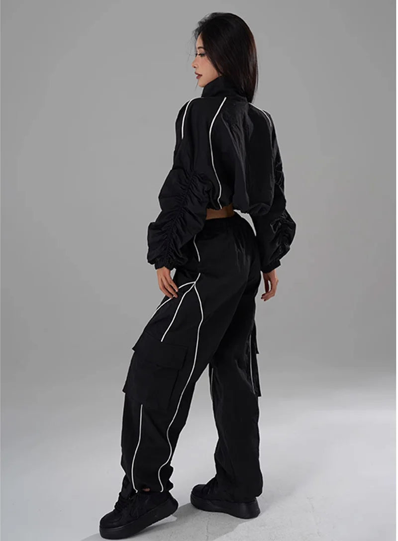 Hip Hop Sports Suit Two-piece Set Women Black Short Track Jacket +Sweatpants Joggers Dance Tracksuit Female Cropped Jacket Sets - Seprincess