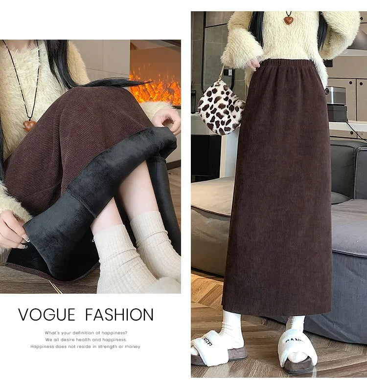 Thickened Fleece-Lined Corduroy Skirt Women's Autumn/Winter 2024 New Medium-Length A- Line Skirt With Side Slit High-Waisted