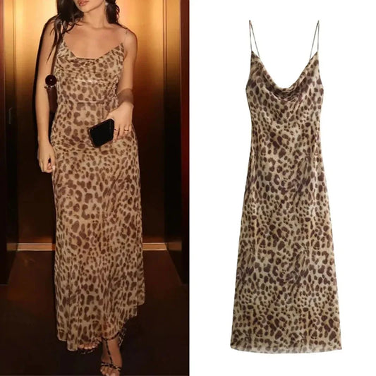 TRAF Leopard Print Long Dress Women Tulle Backless Slip Dress Woman Summer Sexy Holiday Dresses 2024 Vintage Midi Party Dresses - Seprincess