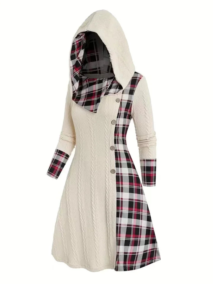 2024 Autumn Winter Chic Plaid Hooded Dress Women Knit Sweater Long Sleeve A Line Style With Trendy Splicing Perfect Casual Wear - Seprincess