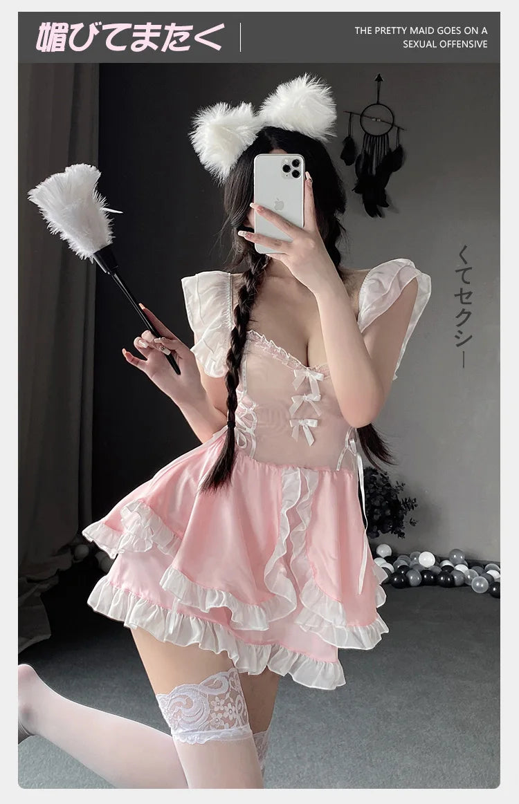 Erotic lingerie Maid's fluffy skirt with mesh transparent bow and lace Sexy women's costume 18 roles іgary Sex toys Sexy clothes - Seprincess