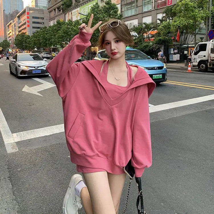 Spring Autumn Korean Version Solid Color V-neck Loose Hooded Coat New Slim Sexy Vest Casual Sweet Two Piece Women Clothing - Seprincess