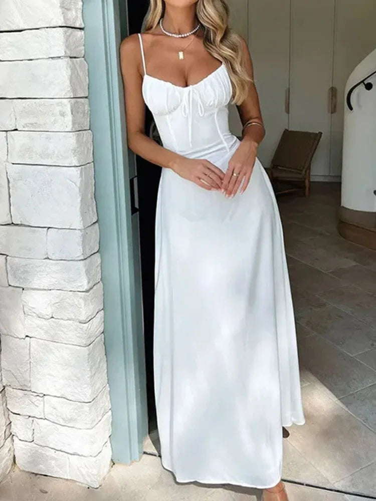 Elegant Strappy Backless Long Dress Women's Summer Fashion Round Neck Smocked Solid Color Slim Evening Dress Long Dress - Seprincess