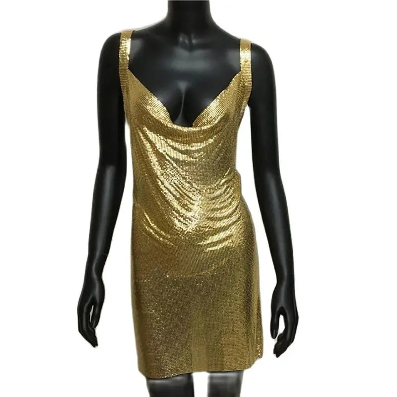 Sexy Metallic Sequin Mini Dress For Women Backless Cocktail Club Glitter Low Cut Halter Dress Rave Party Nightclub Dresses - Seprincess