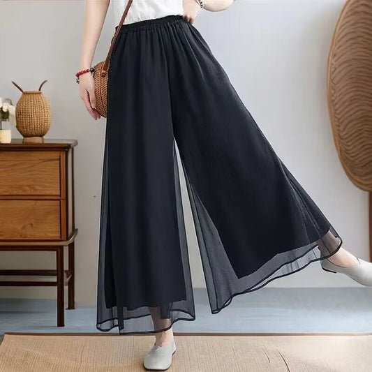 Women Chinese Classical Dance Clothing Female Elegant Trousers Practiice Clothes Modern Elastic Waist Ethnic Pants White Black - Seprincess