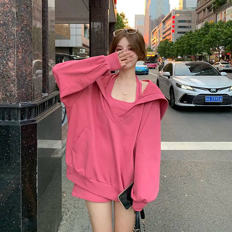 Spring Autumn Korean Version Solid Color V-neck Loose Hooded Coat New Slim Sexy Vest Casual Sweet Two Piece Women Clothing - Seprincess