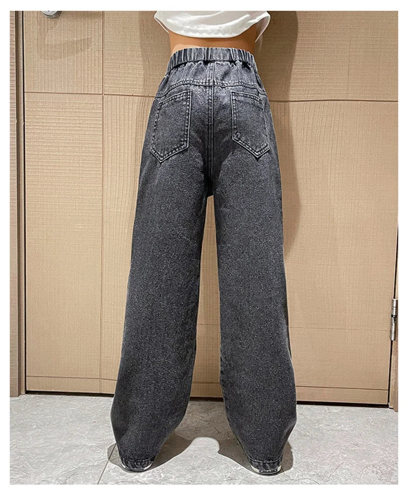 Girls Loose Jeans Pants Autumn Children Casual Straight Long Pants Teen School Big Kids Wide Leg Trousers 5-14 Years