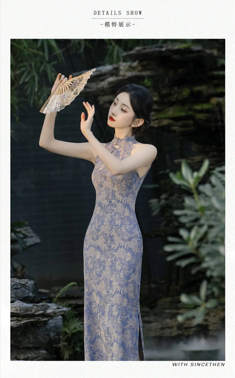 Women Print Flower Long Qipao Traditional Chinese Mandarin Collar Cheongsam Summer Sexy Sleeveless Split Dress Elegant Vestidos - Seprincess