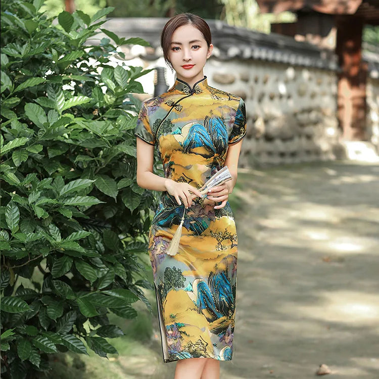 Elegant Print Female Qipao Traditional Classic Chinese Dress Asian Clothing Sexy Slim Short Cheongsam Mandarin Collar Vestidos - Seprincess