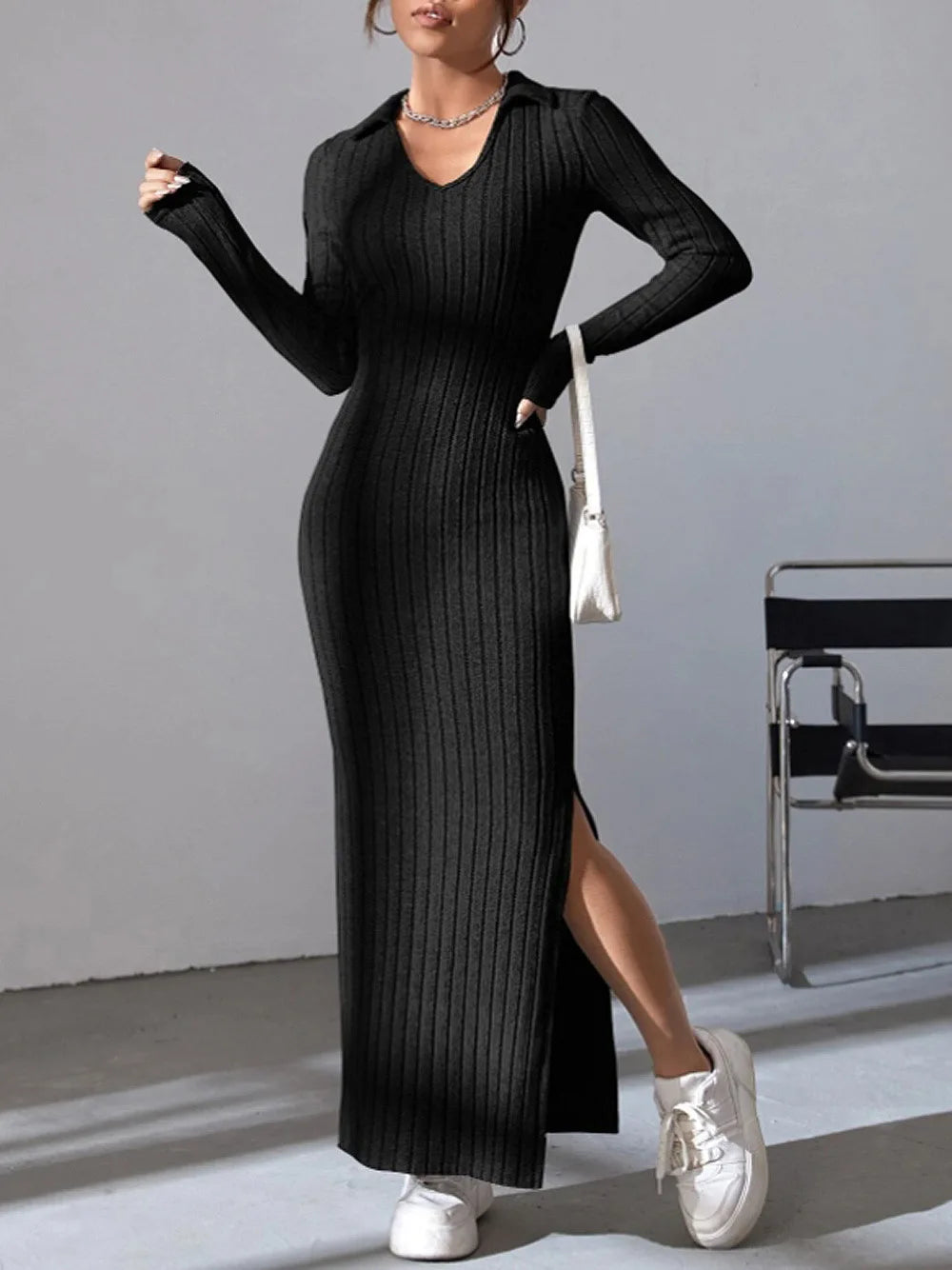 2024 Europe And The United States Autumn And Winter New Knitted Slim-Fit Lapel Long Sleeve Pit Strip Solid Color Tight Dress - Seprincess