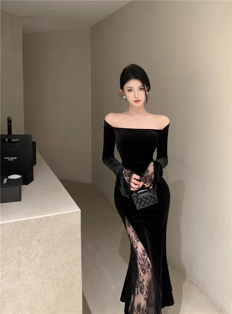 Women's Sexy Black Velvet Dress Elegant Chic Off Shoulder Lace Split Evening Party Dresses Autumn Female Bodycon Vestidos Mujer - Seprincess