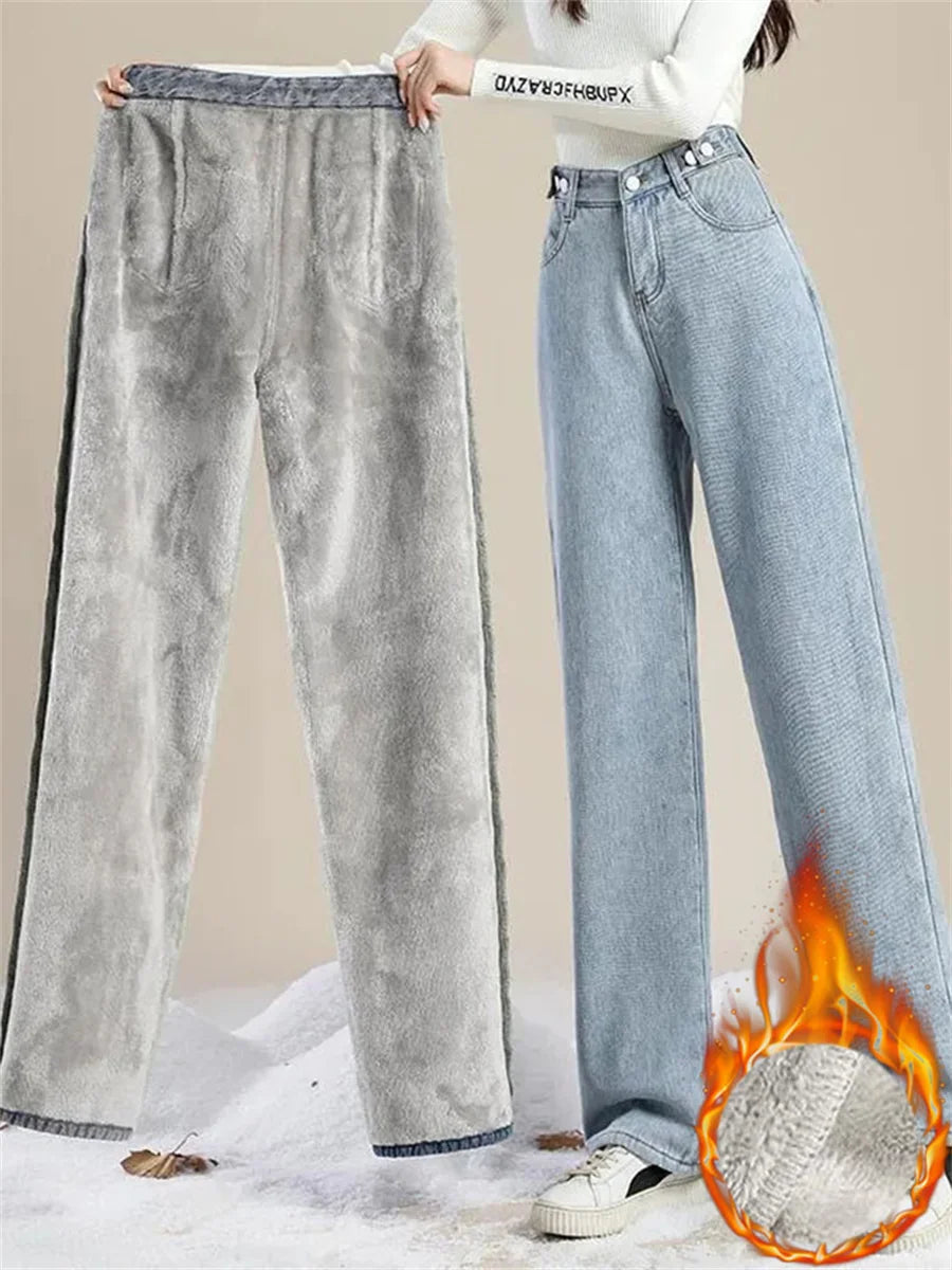 Straight Velvet Lined Baggy Jeans Pants Women Warm Plush Wide Leg Vaqueros Pantalones Thick Loose Vintage Winter Denim Trousers