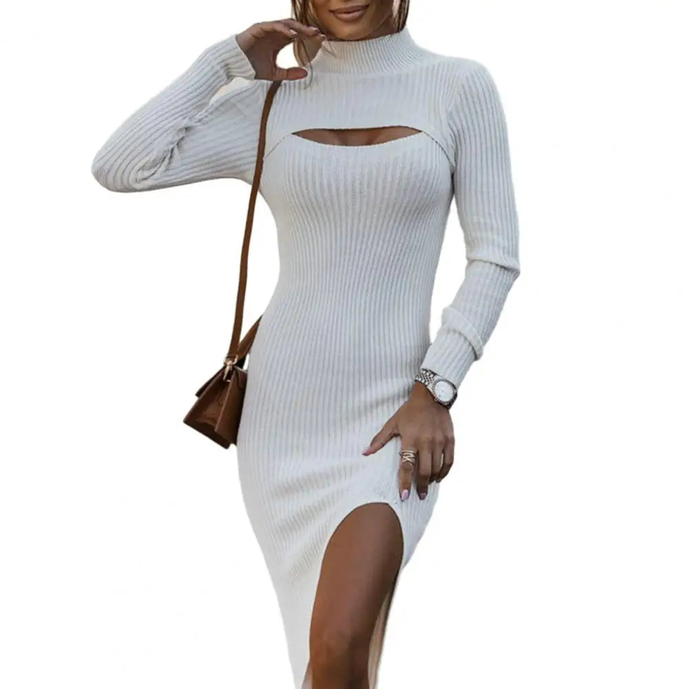 Loose Mid-length Dress High Elasticity Dress Chic Knitted Midi Dress Half-high Collar Hollow Out Split Hem Slim Fit for Spring - Seprincess