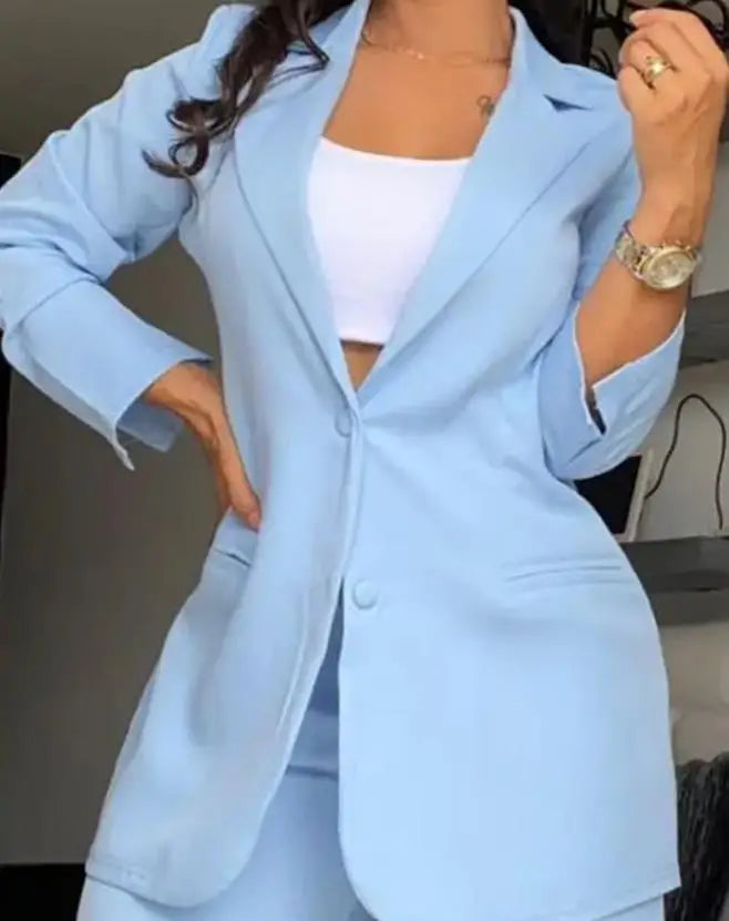 Two Piece Set Women Outfit 2023 Autumn Fashion Notched Collar Long Sleeve Blazer Coat & Elegant Pocket Design Work Pants Set - Seprincess