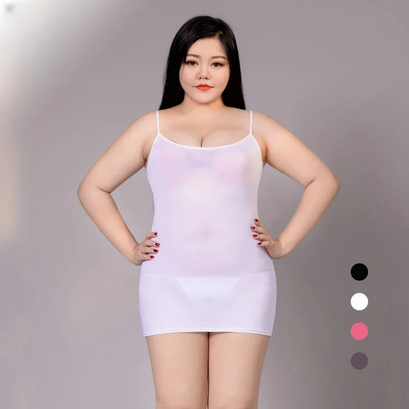 Plus Size Mini Dress Smooth See Through Shiny Long Dresses Sexy Strap Pencil Dress for XXXL Oversized Women Clothing Black White - Seprincess