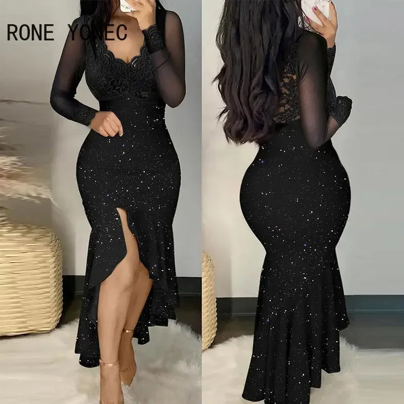 Women Glitter Chic Lace  V Neck Long Sleeves High Silt Maxi Mermaid Bodycon Formal Party Dresses - Seprincess