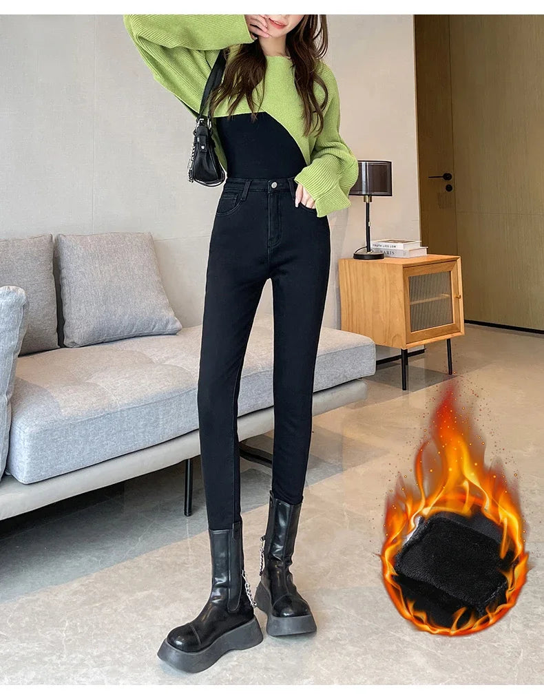 Skinny Women's Warm Jeans Winter Thicken Fleece Stretch High Waist Pencil Pants Fashion Korean Black Blue Gray Velvet Leggings