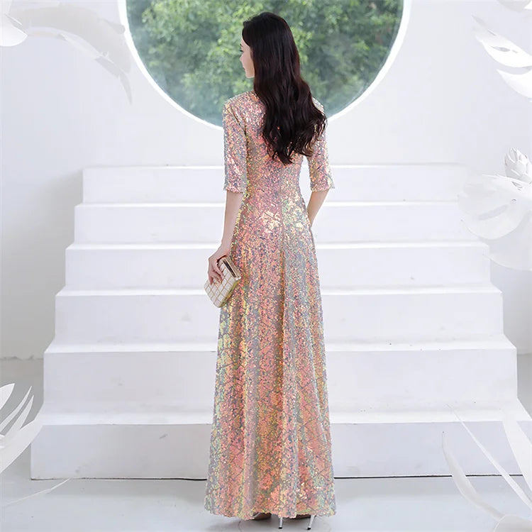 FANIECES Luxury Sequins Party Evening Floor-length Dresses Women Three-Quarter Sleeve V Neck Prom Gown Robe Longue Femme Vestido - Seprincess