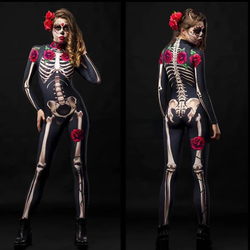 Women Cosplay Skeleton Rose Sexy Bodysuit Halloween Devil Ghost Specter Jumpsuit Romper Party Carnival Performance Scary Costume - Seprincess