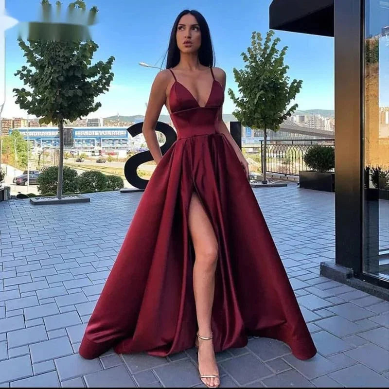 Sexy V Neck Satin Maxi Dress Woman 2024 Spaghetti Strap Side Slit Prom Dress High Waist Evening Gown Party Graduation Long Robe - Seprincess