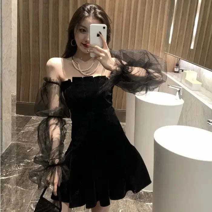 New Spring and Summer Sexy Mesh Puff Sleeve Black Strapless Puff Dress Women Woman Dress Vestido De Mujer Femme Robe - Seprincess