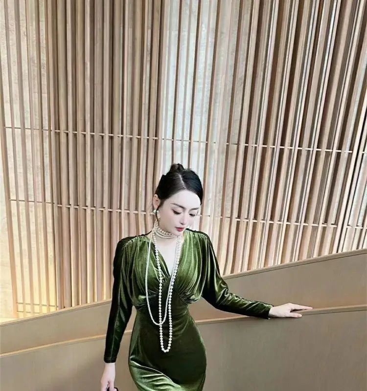 Women Vintage Gold Velvet Ruched Bodycon Elegant Evening Party Dresses Sexy V Neck Split High Waist Long Sleeve Maxi Dress Robe - Seprincess