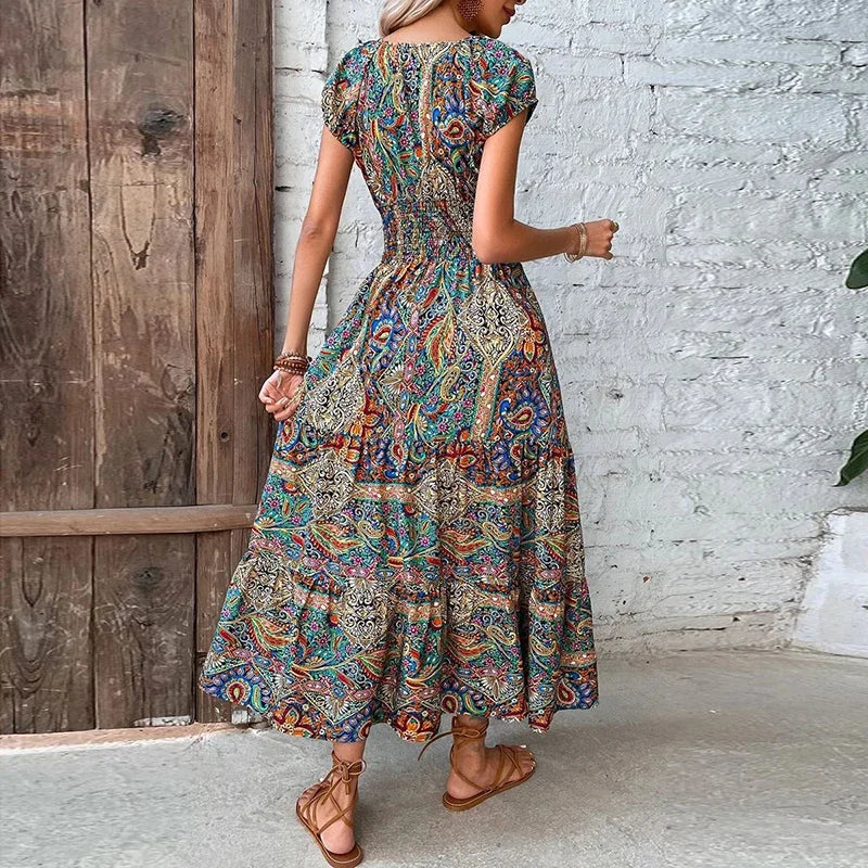 Women Vintage Print Long Dress 2023 Summer Sexy V Neck Short Sleeve A-line Dress Female Elegant Elastic Waist Maxi Dresess Robe - Seprincess